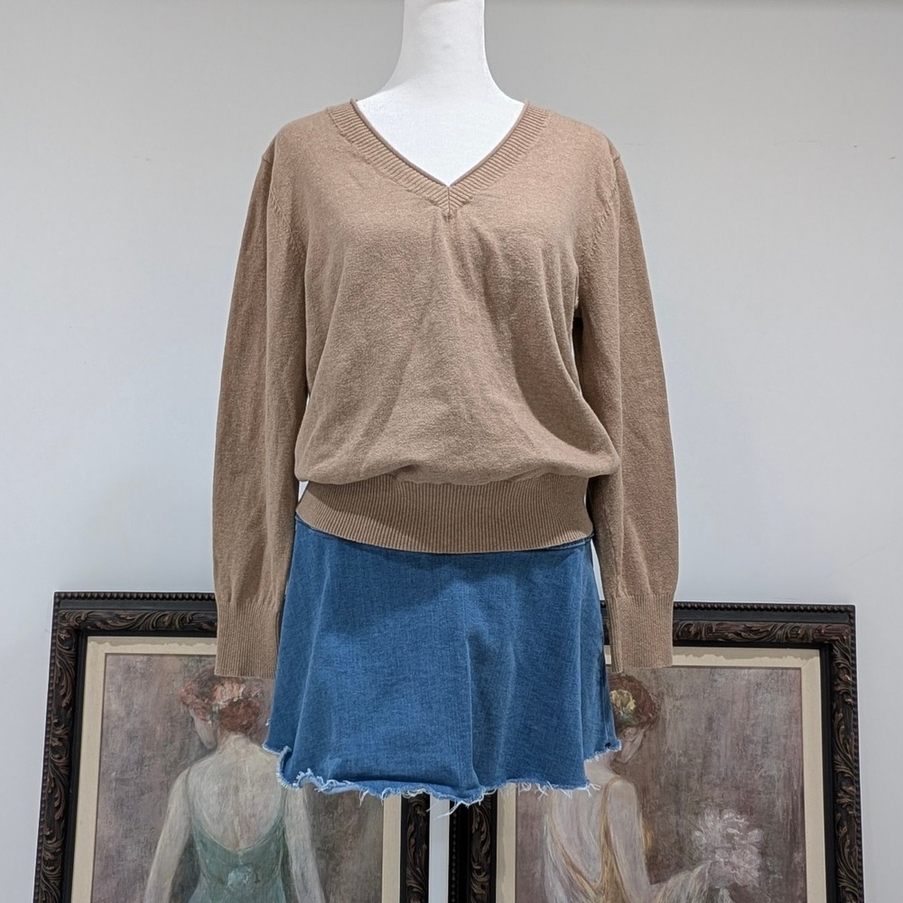 Khaki Minimalist Preppy Basic V Neck Long Sleeve Sweater Ribbed Waist Large - Picture 10 of 10